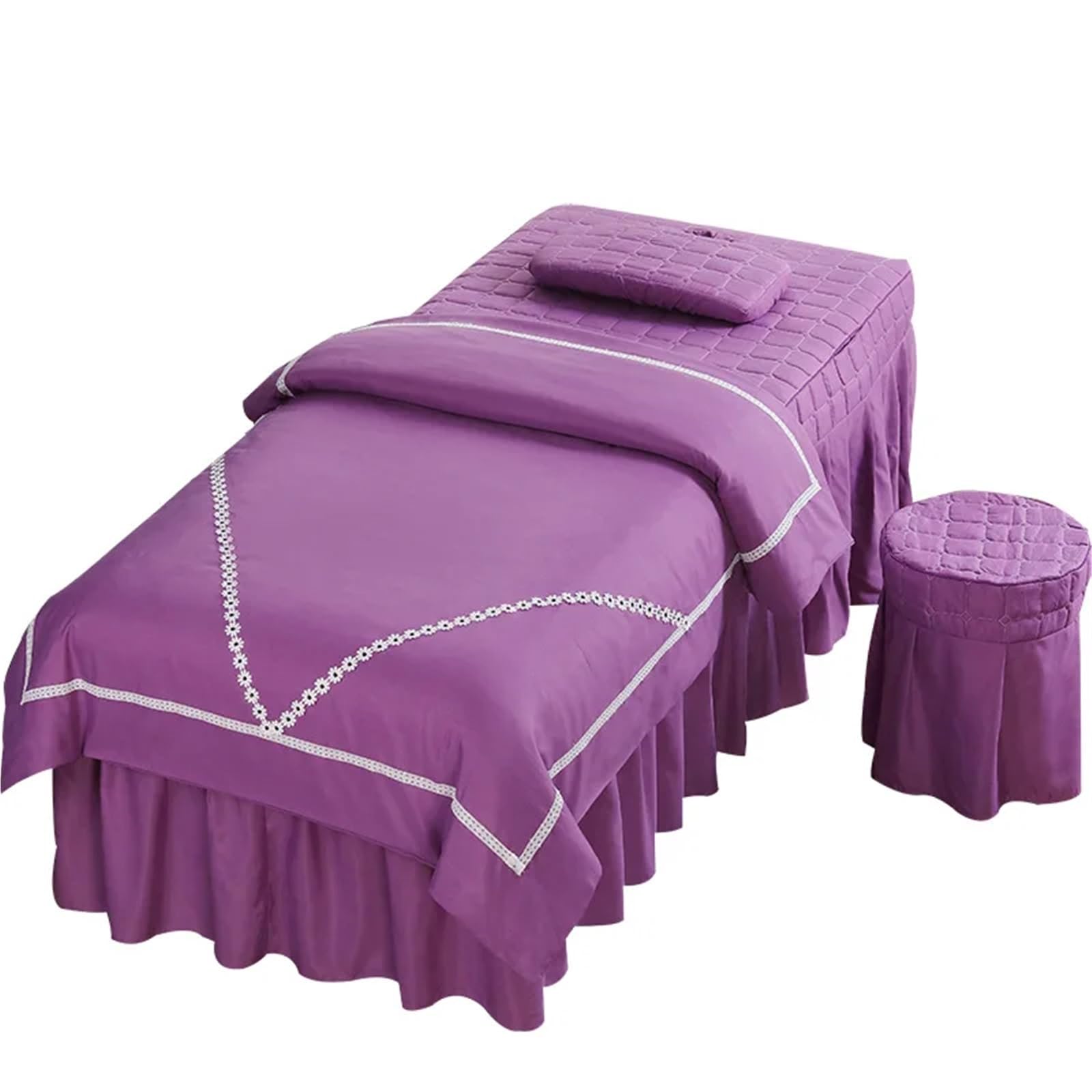 Beauty Salon Bed Cover Sets 4pcs Bed Cover Sheets Massage Spa Bedskirt Stool(Purple,185x70cm-4pc Set)