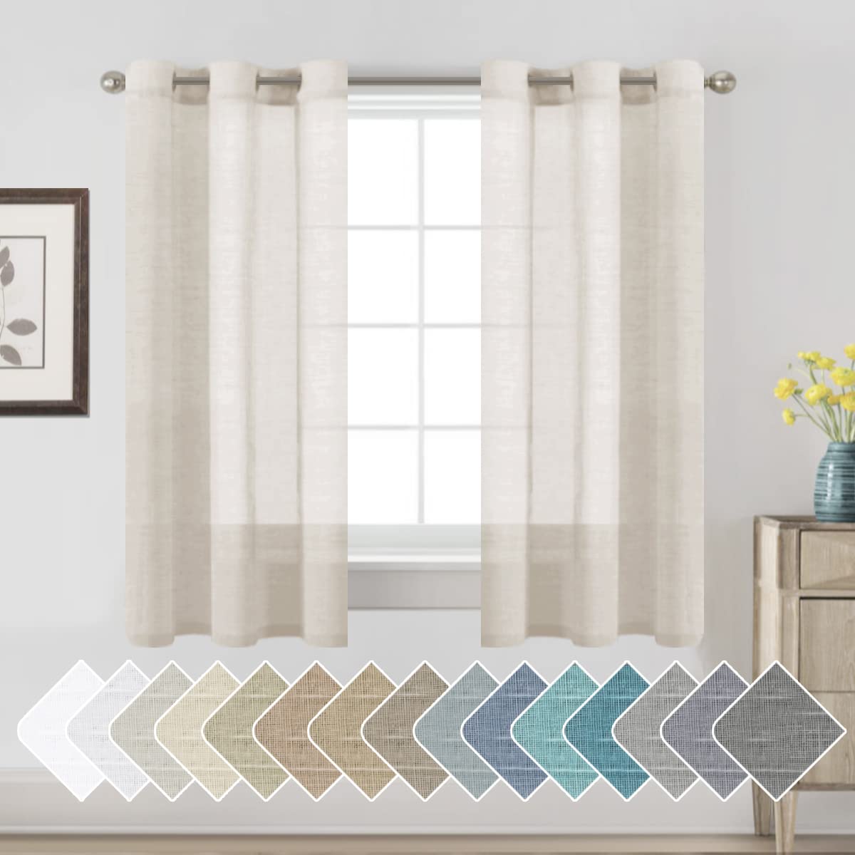 H.VERSAILTEX Linen Curtains Nickel Grommet Natural Linen Semi-Sheer Curtains 2 Panels Privacy Added Premium Soft Rich Material Drapes for Bedroom/Living Room/Sliding Door - 37x63 Inch- Natural