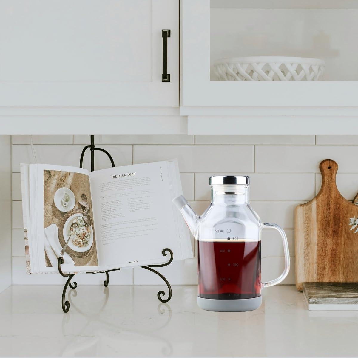 Dispensador de aceite de oliva, botella de vidrio de borosilicato de 18/25 onzas, sin plomo, con tapa de acero inoxidable y botellas de vinagre para cocina, juego de recipientes de cocina