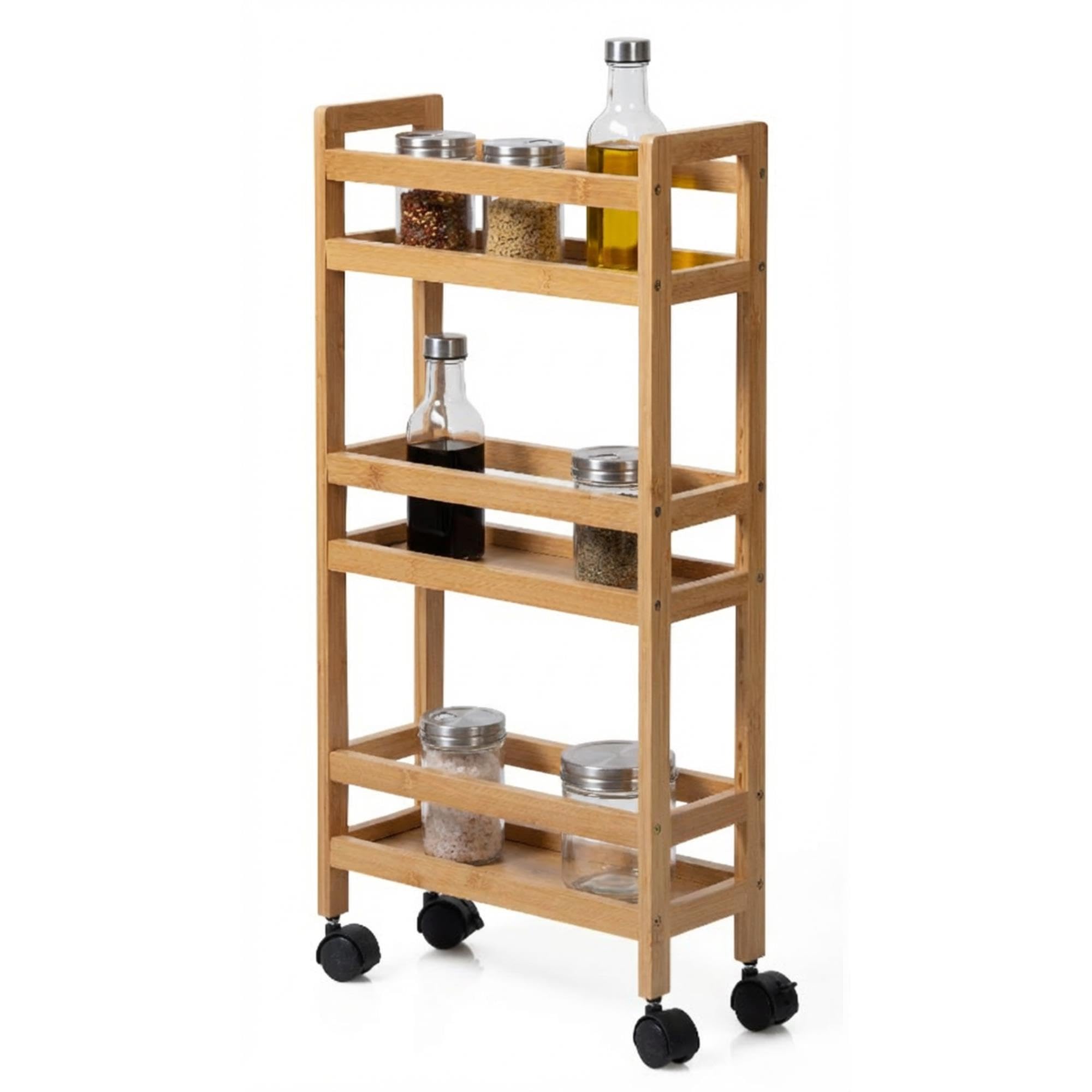 Well Home - Carrello ausiliario in bambù con ruote, 36 x 15 x 74,5 cm, 3 livelli, ideale per cucina, bagno e ufficio, salvaspazio