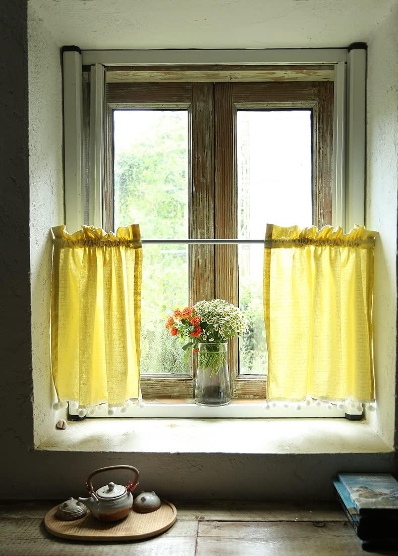 2 Panels Kitchen Curtains Modern Farmhouse Cotton Short Window Panel Country Tassel Cafe Curtains Small Tier Curtain Décor 60(W) x100cm(H) x2pcs 23.62(W) X39.38INCH(H) x2pcs