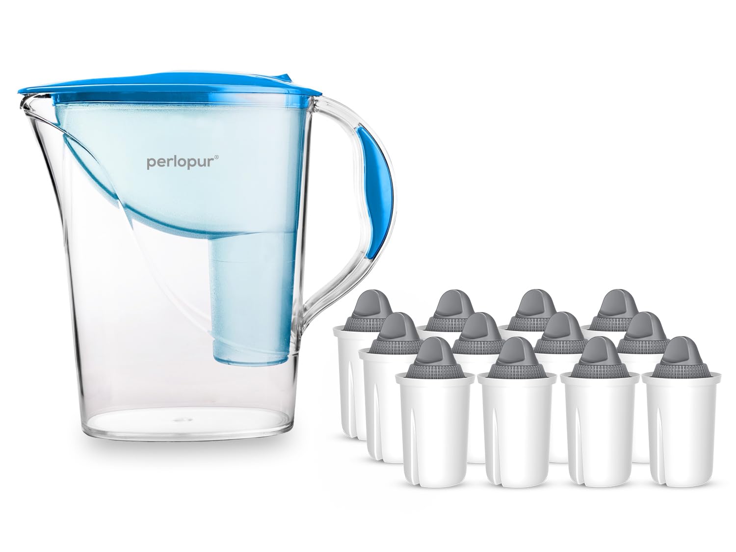 PearlCo - Standardowy filtr do wody (niebieski) z 12 wkładami filtrującymi Protect+ Classic (do twardej wody) - pasuje do Brita Classic
