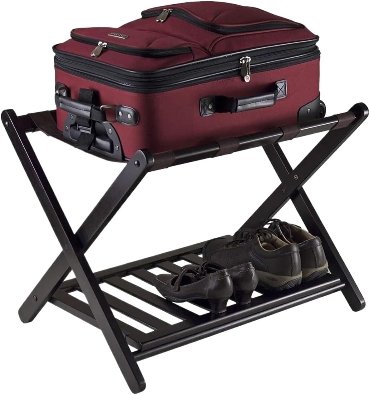 Luggage Rack for Guest Room Suitcase Stand with Shelf Double Layer Bamboo Foldable Luggage Shelf Suitcase Stand