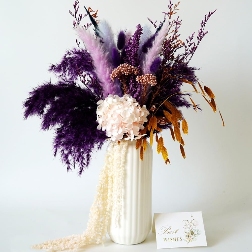 Natural Dried Pampas Grass Bouquet with Black Ceramic Vase, 17" Tall Boho Home Decor for Wedding Easter Table Centerpiece Housewarming Gift (Purple)