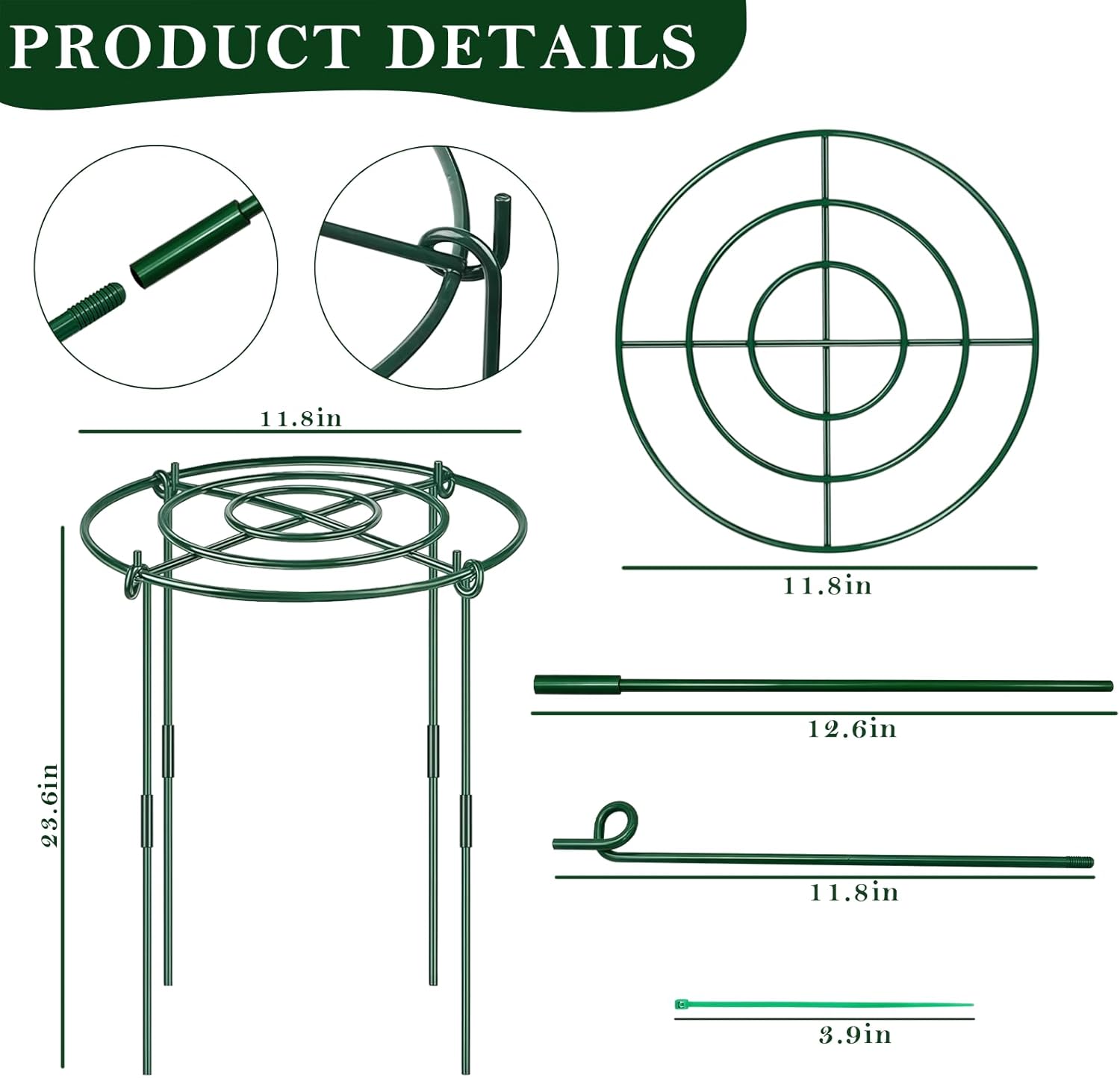 6 Pack Peony Cages and Supports, 11.8" Plant Support Ring with Detachable Extension Rod, Extends to 23.6" H, Heavy Flower Brace Ring Grow Through Plant Support Stakes for Tomato Hydrangea