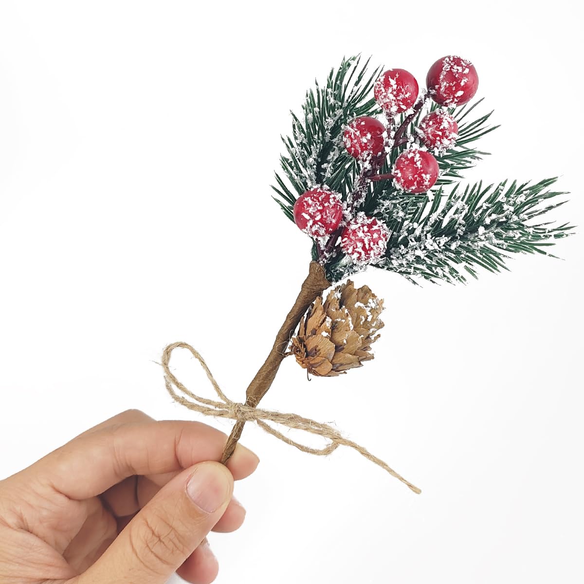 TIHOOD Künstliche Weihnachtsblumen-Plektren, 20,3 cm, rote künstliche Beeren-Plektren, Tannenzweige mit Tannenzapfen, Stechpalmenblätter für Vase, Blumenarrangement, Kranz, Winterferien, Dekoration,
