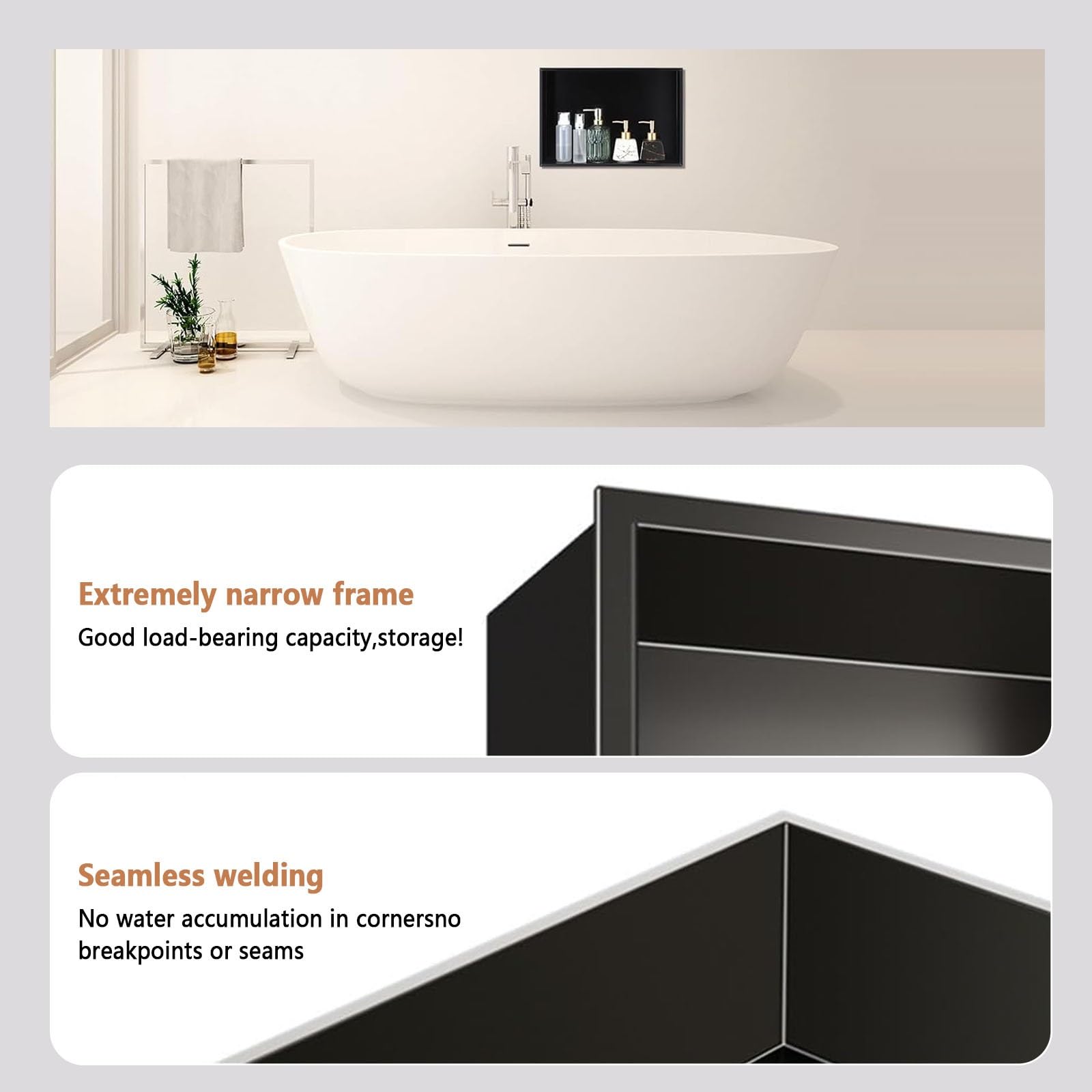 Ducha integrada de acero inoxidable, estante de almacenamiento individual para baño, negro mate, 92 x 32 x 12,5 cm, estante de ducha duradero, diseño moderno, ahorra espacio