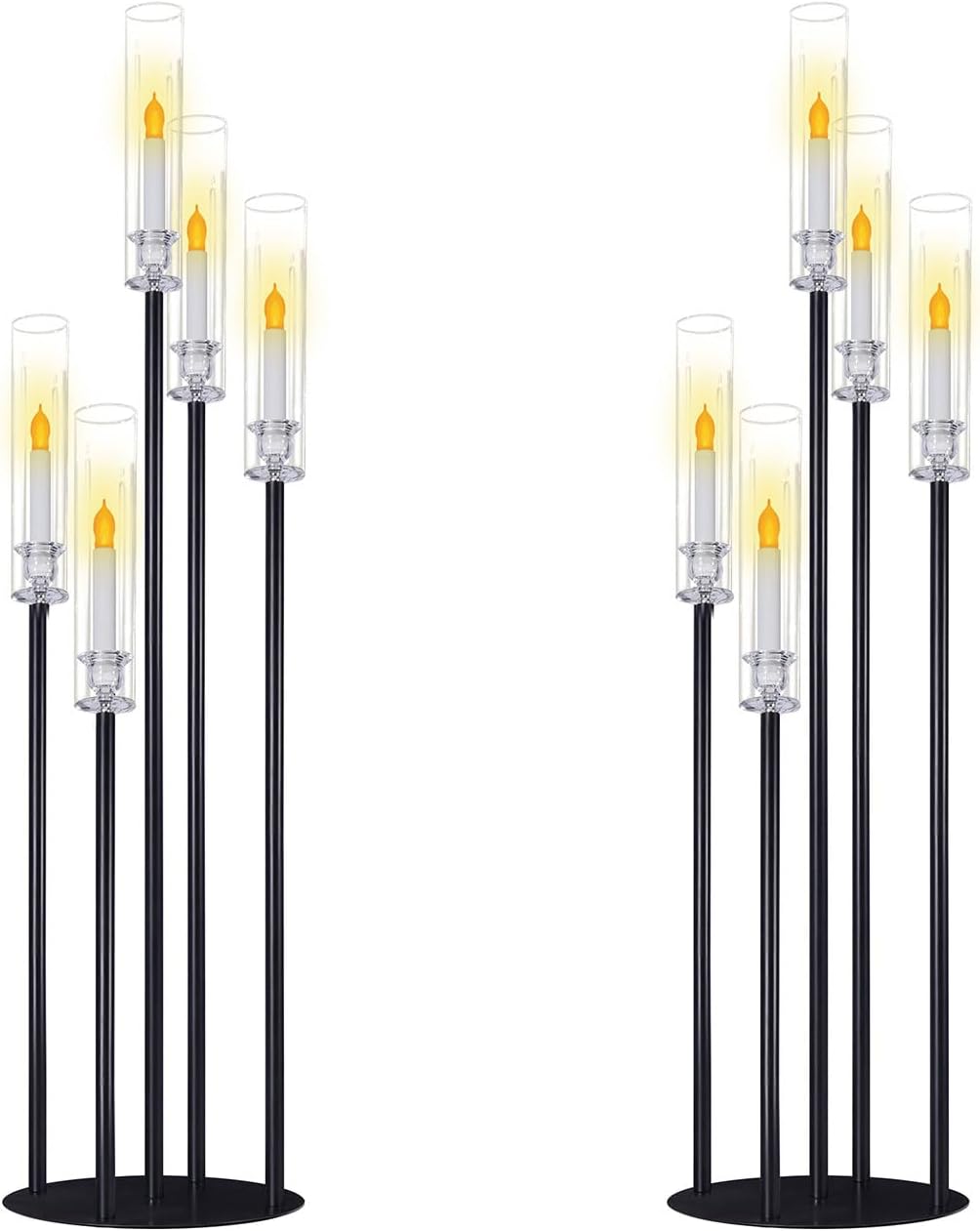 Black Taper Candle Holders for LED Candles Metal 5 Arms Candelabra Candlestick Holders for Wedding Engagement Party Decoration Tabletop Centerpieces (2, L)