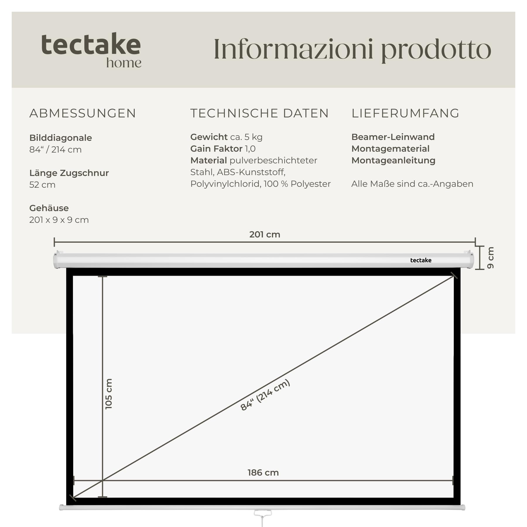 tectake® Schermo Proiettore 16:9 4K HD, 186 x 105 cm (84"), Telo Proiettore Regolabile, Bordo Nero Per Parete, Schermo Portatile Cinema Home Theatre, telo per proiettore avvolgibile per casa, scuola