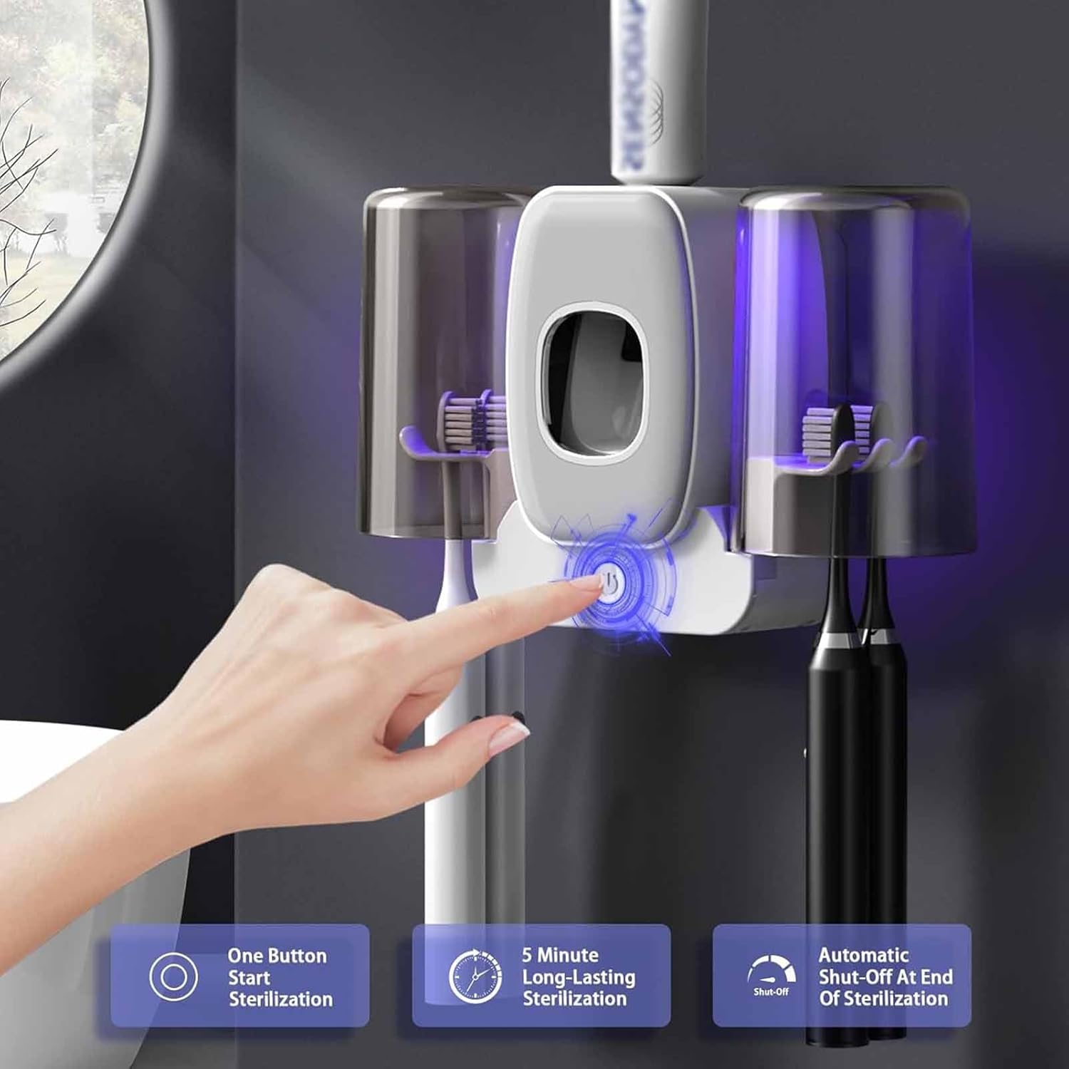 Wall Mounted Electric Toothbrush Holder Automatic Toothpaste Dispenser Bathroom and Washroom Toothbrush Holder with 2 Cups(Black)