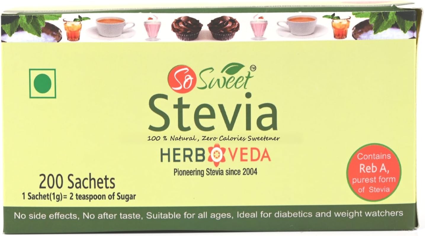 So Sweet Stevia Sugar-Free Sachets - 100% Natural, Zero-Calorie Sweetener, 200 Sachets, Diabetic Safe, Perfect for Sweetening Beverages, Baking, and Cooking, Ideal for Healthy Living