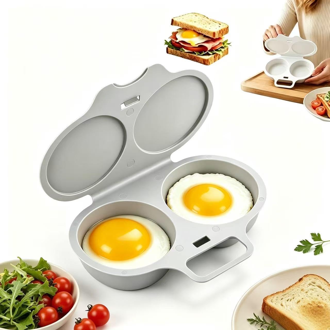 YERFFZE Microwave Egg Poacher with Lid & Handle, Dual-Cavity Nonstick Egg Maker for Fast Oil-Free Meals, Quick-Heat Design, Splash-Proof Lid, Comfort Grip, Easy Clean, （grey ）