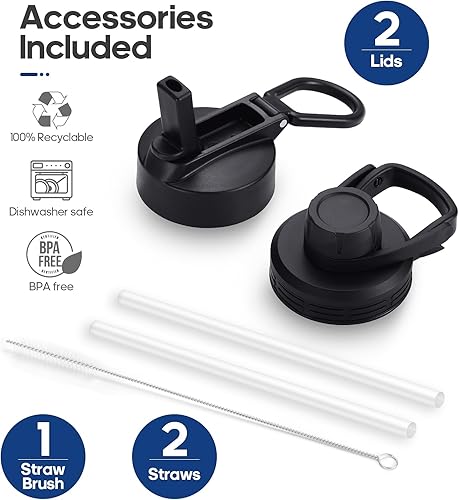 Miniatura 6 de Botellas de agua aisladas de 32 onzas  25 onzas con 2 tapas a prueba de fugas (tapa de boquilla y tapa de pajilla), botella de agua deportiva de