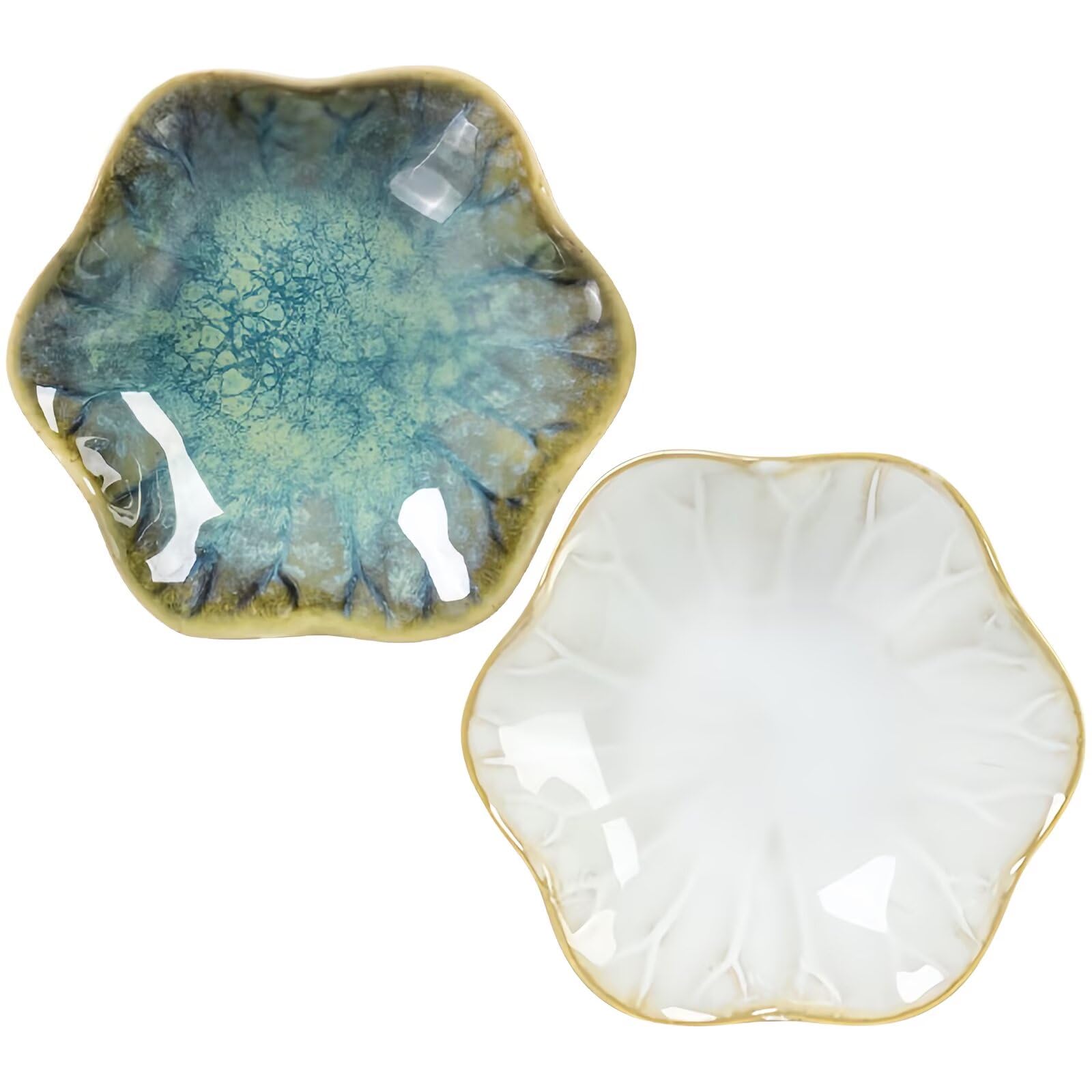 2Pcs Ceramic Jewelry Dish - Lotus Leaf Shape, for Ring Holder Necklace Small Key, Suitable for Mother Friend Sister, Gifts for Women, Cute Plate Trinket Tray, Home Decor (Crystal Green &amp; White)