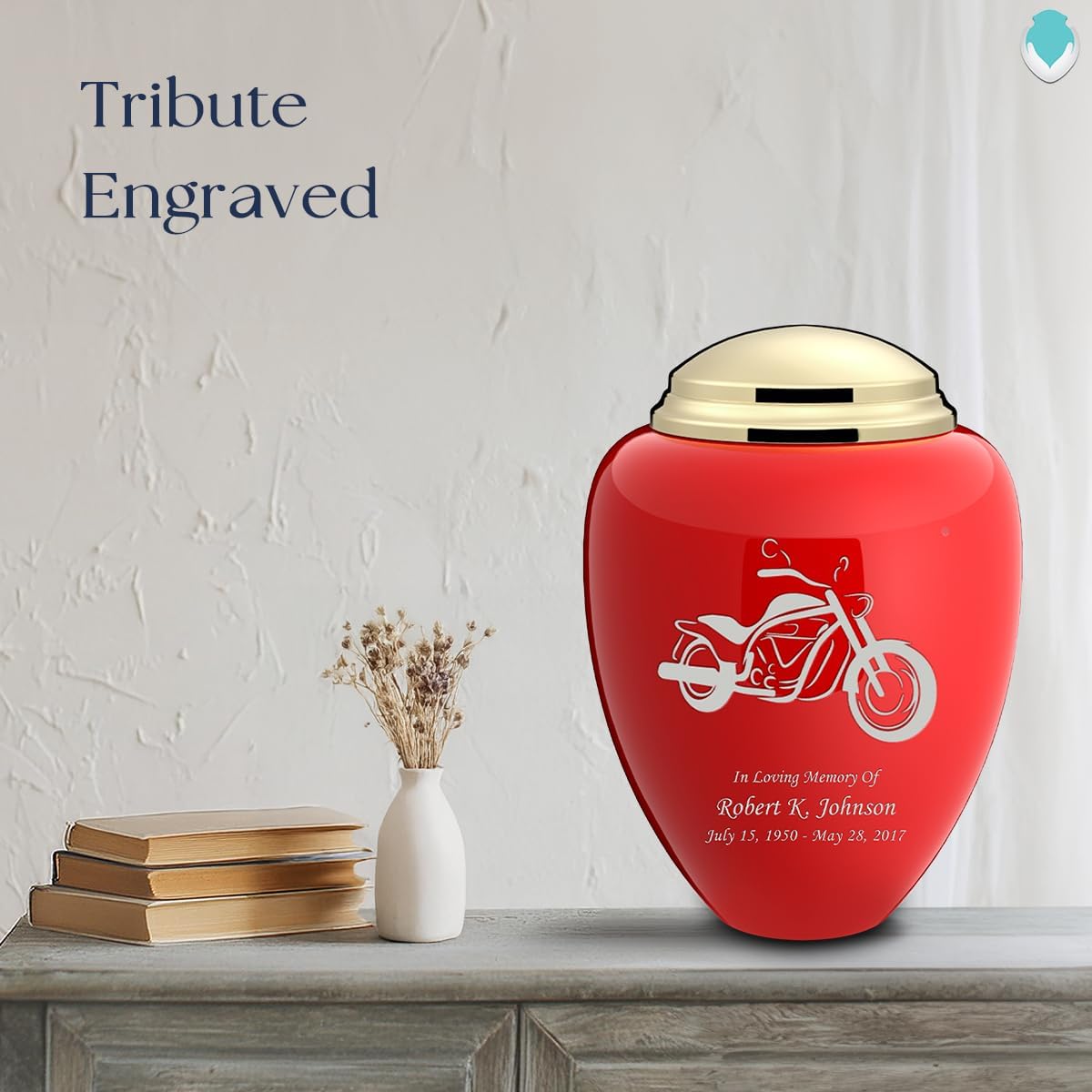 Geturns Tribute Adult Personalized Motorcycle Cremation Urns for Human Ashes I Large Red & Shiny Brass Funeral Urn for Men and Women I 220 lbs