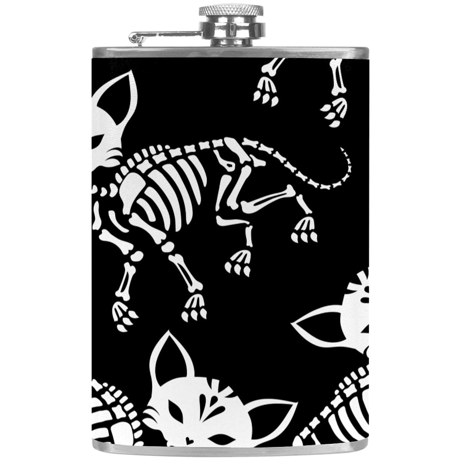 Flasque pour liqueur en acier inoxydable avec entonnoir étanche et motif chat squelette Halloween