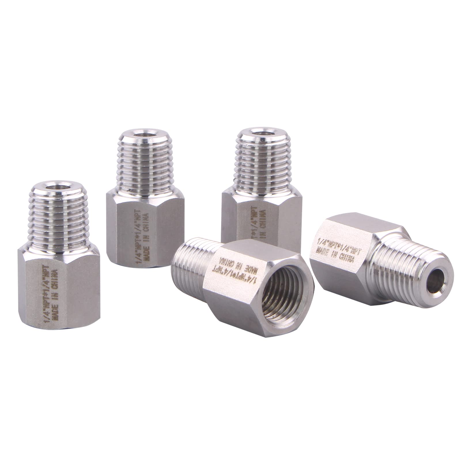 Forged Reducer Adapter Fitting - Stainless Steel 304 Reducing Pipe Connector, 1/4" NPT Female x 1/4" NPT Male (pack of 5)