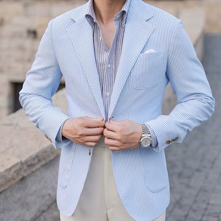 Men's Fashion Casual Slim Fit Seersucker Blazer Regular fit Jacket Lightweight 2 Button Blazer Sport Coat2