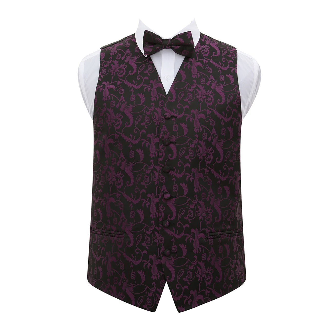 Dqt Men's Black And Purple Floral Passion Jacquard Waistcoat & Pre-Tied Bow Tie Set (2Pc) - Wedding, Business & Formal - 46" (3Xl)