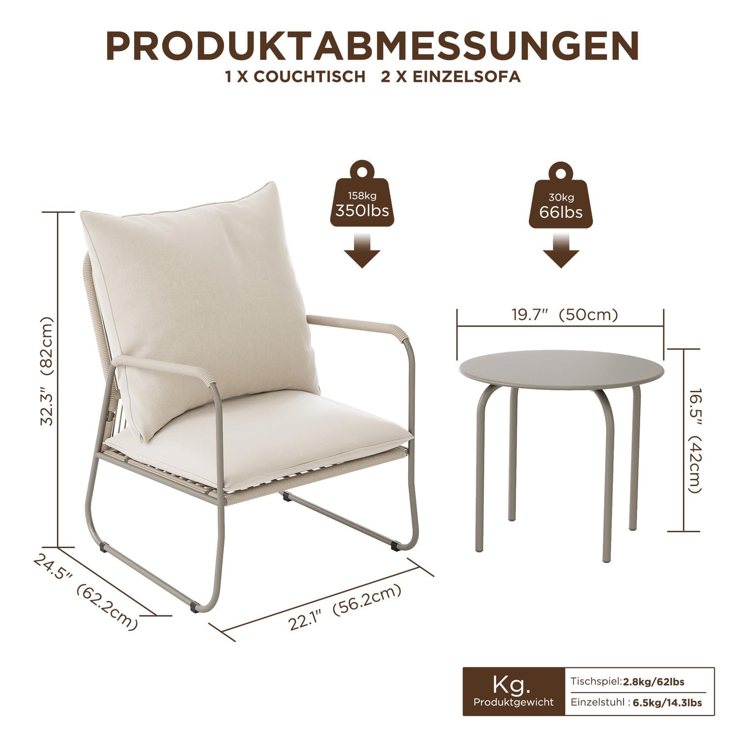 ALAULM 3-teilige Gartenmöbel-Set, Balkonmöbel aus Atmungsaktive PE-Rattan Gartenstühle mit Kissen & Runder Couchtisch, Balkonmöbel Set für Garten, Balkon, Terrasse(Beige)