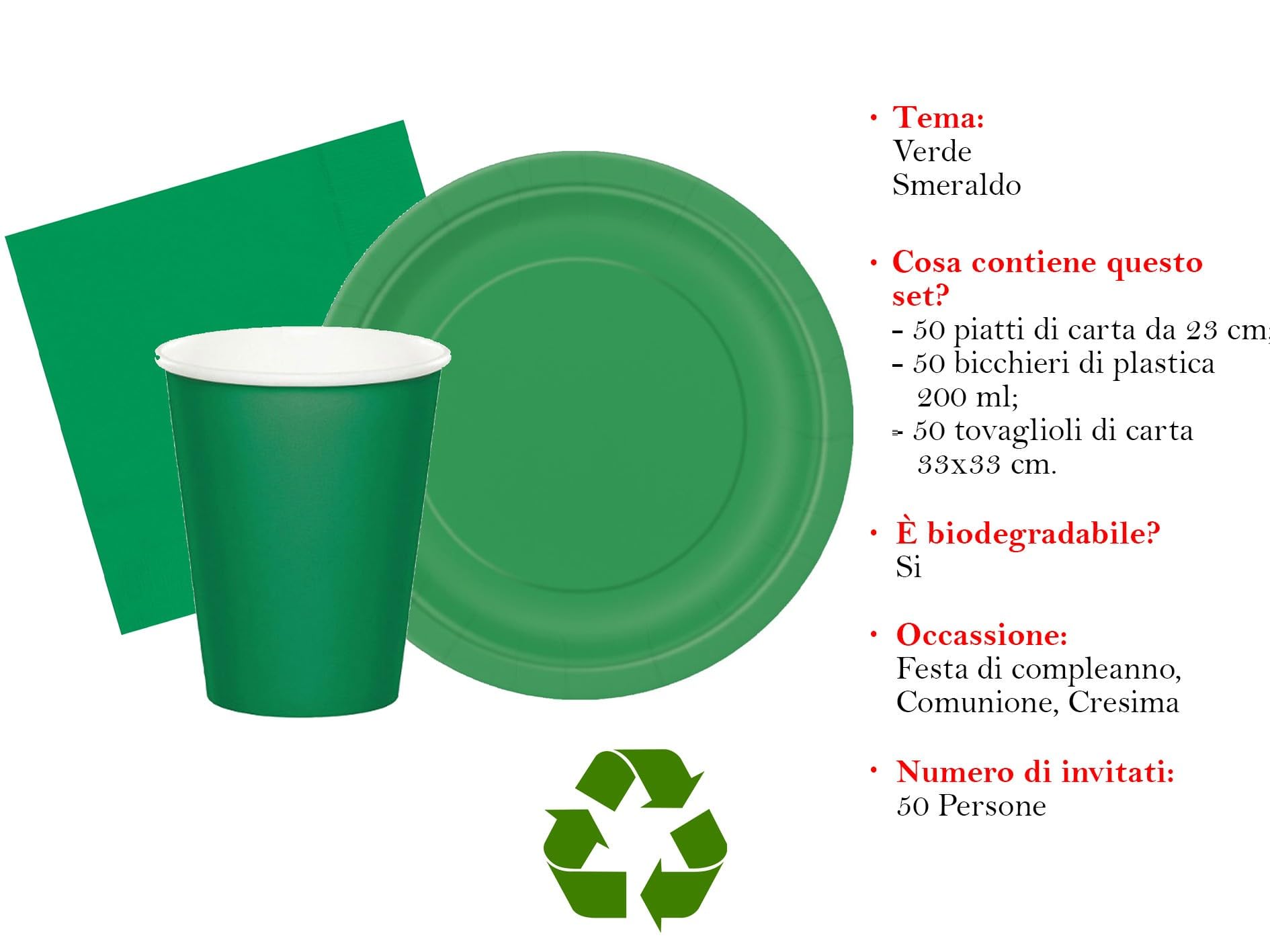Kit festa di compleanno tinta unita color Verde smeraldo per 50 persone eco-friendly (50 piatti di carta ⌀ 23 cm, 50 bicchieri di carta 200 ml, 50 tovaglioli di carta 33x33 cm)