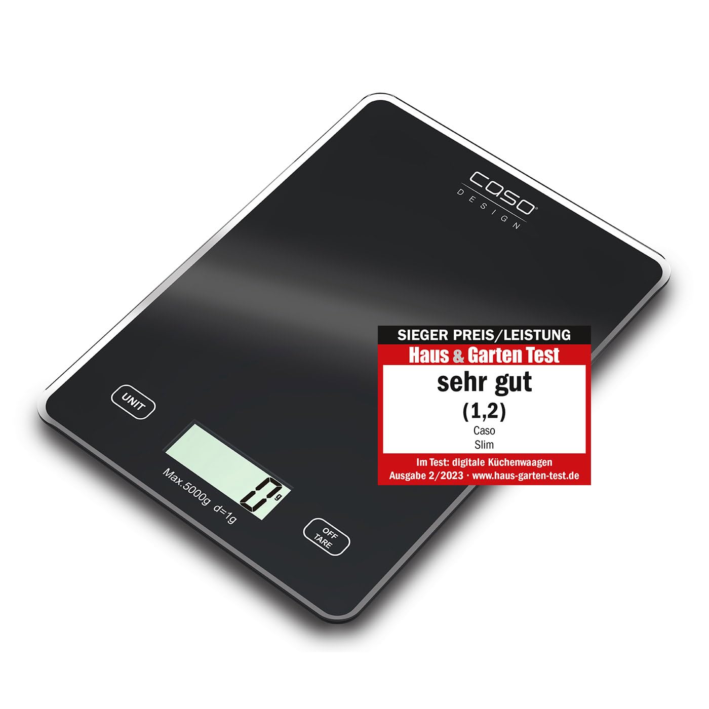 CASO Design Slim Kitchen Scales, Digital Scales, Food Weighing Scales, Weigh up to 5kg in 1g Increments, Large Glass Surface, Metric & Imperial, Tare Function, CR2032 Battery Included, Black