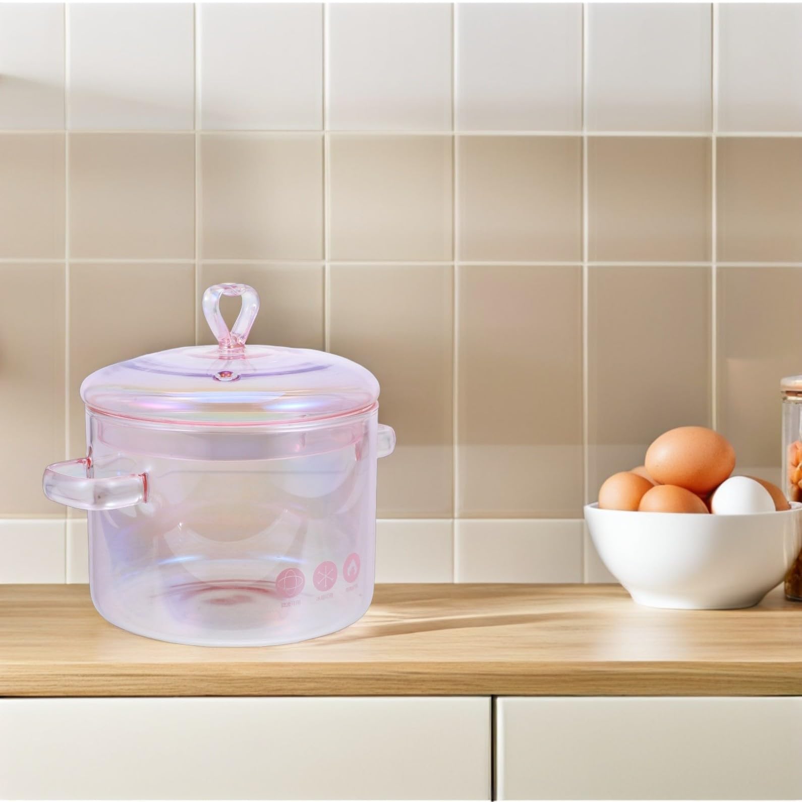 ERINGOGO Casserole en verre avec couvercle poignée - 1. 5 L/50 Oz Casserole avec couvercle en verre Ustensiles de cuisine en borosilicate Pot à soupe transparent - Rose