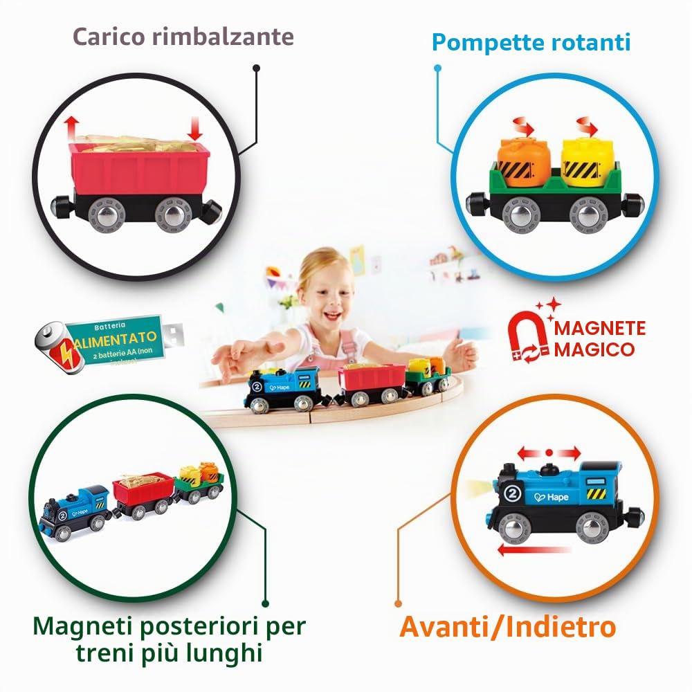 Hape Treno merci a batteria - Locomotiva giocattolo con due vagoni dotati di luci, effetti e giunti magnetici compatibili per gioco a tema ferrovia dai 3 anni