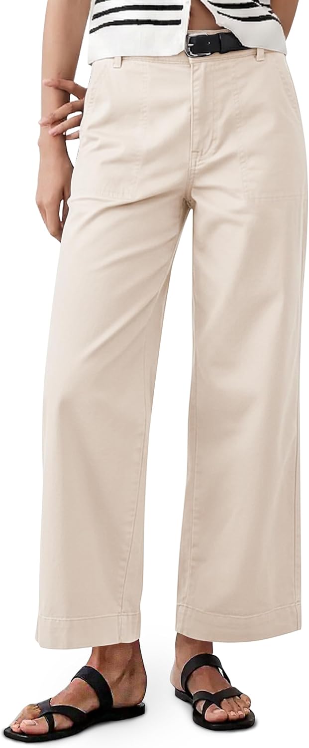 Eddoyee Womens Wide Leg Ankle Pants, High Waisted Straight Leg Stretch Casual Elastic Waist Cropped Pants