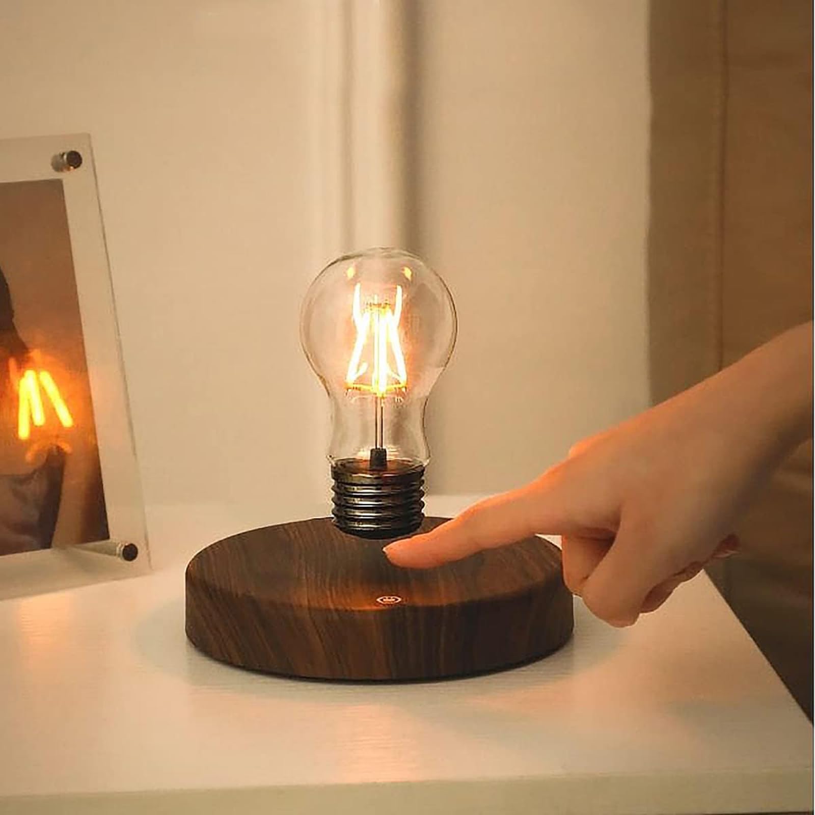ele ELEOPTION Schwebende LED-Tischleuchte mit Touch-Taste Magnetische in Edler Holz-Optik Drahtlose LED-Glühbirne Dekoleuchte Dekoratives Licht für Liebhaberfreunde Raumdekoration,Nachtlicht