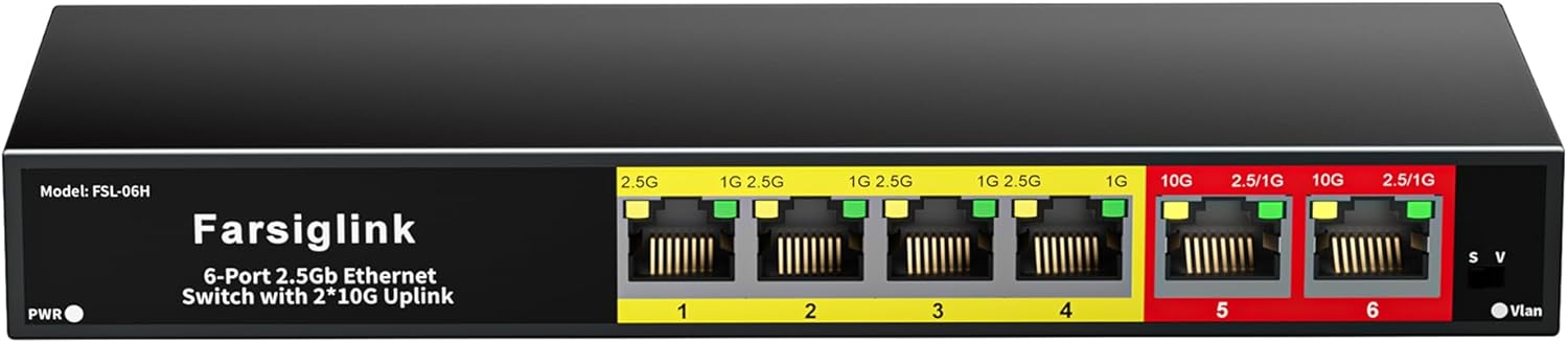 6-Port 10Gb Switch Unmanaged, 2 x 10G RJ-45 Ports & 4 x 2.5G RJ-45 Base-T Ports, 60Gbps Switching Capacity, Desktop/Wall Mount 10G Ethernet Switch for AP, NAS, PC