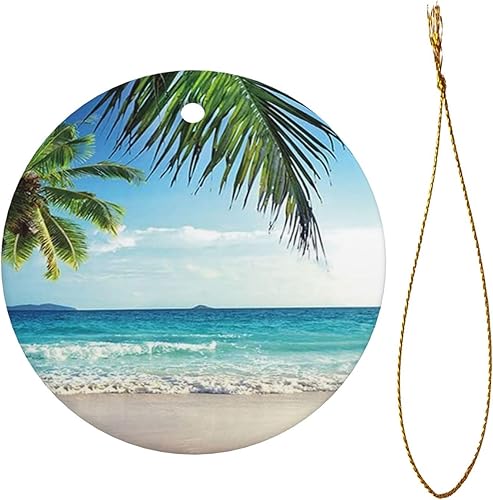 Miniatura 2 de Árbol de Navidad con estampado tropical de palmera hawaiana, playa, árbol de Navidad colgante de cerámica de forma redonda, para reuniones