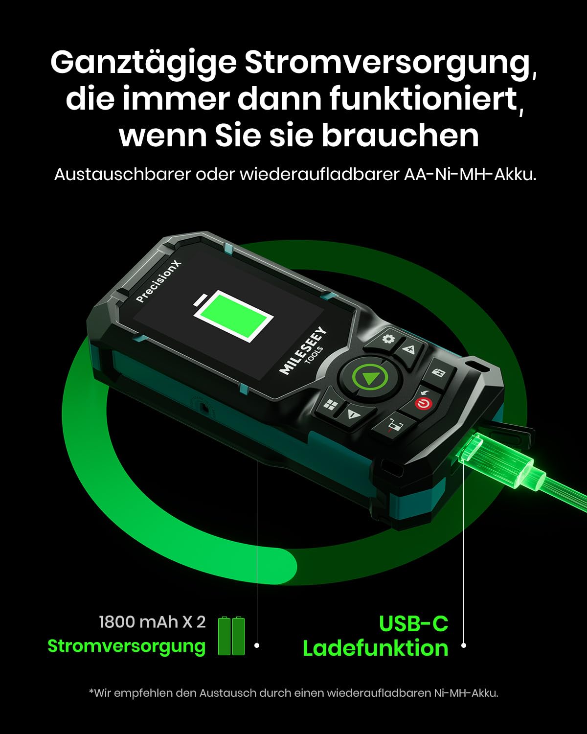 MiLESEEY S50 Laser Entfernungsmesser mit Grünem Strahl, 120 m Lasermessgerät, P2P Laser Messgerät, Seitliche Laserausrichtung, Wiederaufladbar, 6,1 cm IPS-Display, Innen Außen