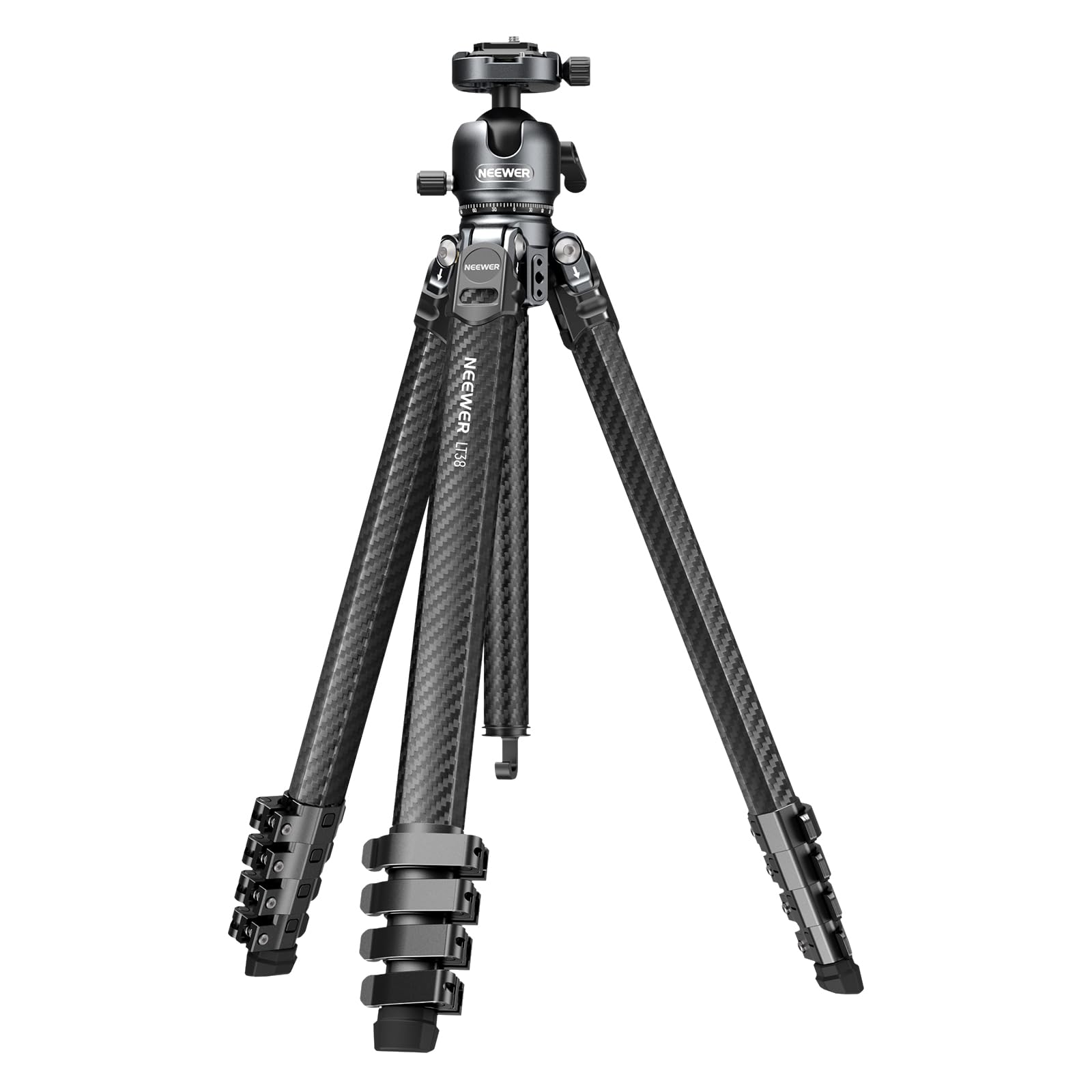 NEEWER LITETRIP LT38 61" Kamera Reisestativ aus Kohlefaser 360° Schwenk/Neige niedrige Profil Kugelkopf flexible Mittelachse Arca QR Platte kompatibel mit Peak Design Stativ Clip V3 max Last 10kg