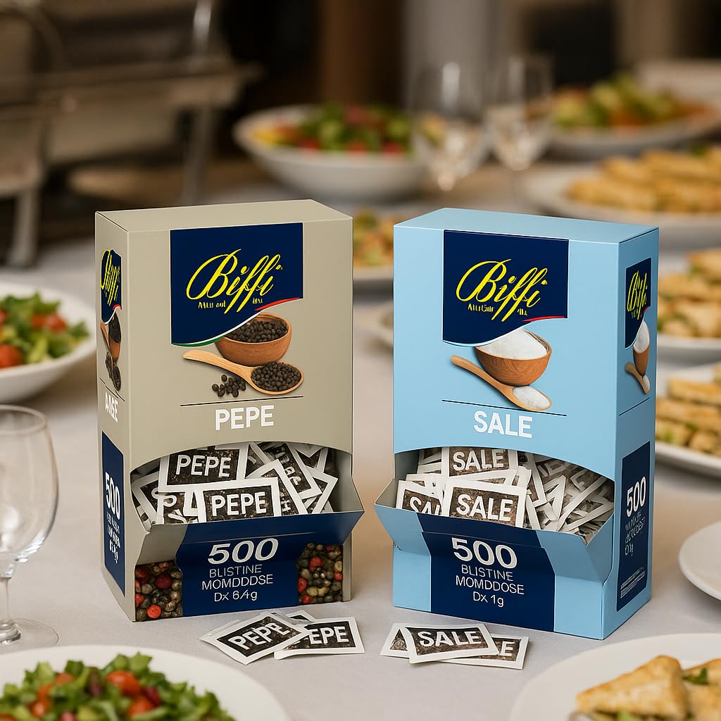 Pepe Nero 500x0,2g + Sale Fino Iodato 500x1g – 1000 Bustine Monodose – Condimenti Pratici e Igienici per Ristoranti, Catering, Mense e Uso Domestico – Confezione Professionale