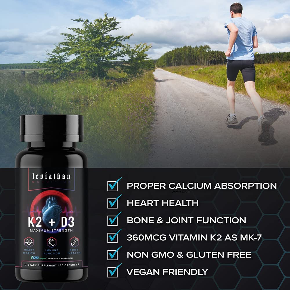 Leviathan Nutrition Vitamin D3 K2 2 in 1 Formula | 360mcg Vitamin K2 (MK7) + Vitamin D3 5000 IU Vegan Organic Extra Strength Vitamin Supplements - Support Heart, Teeth, Joint, and Bone Health — Amazon image 3