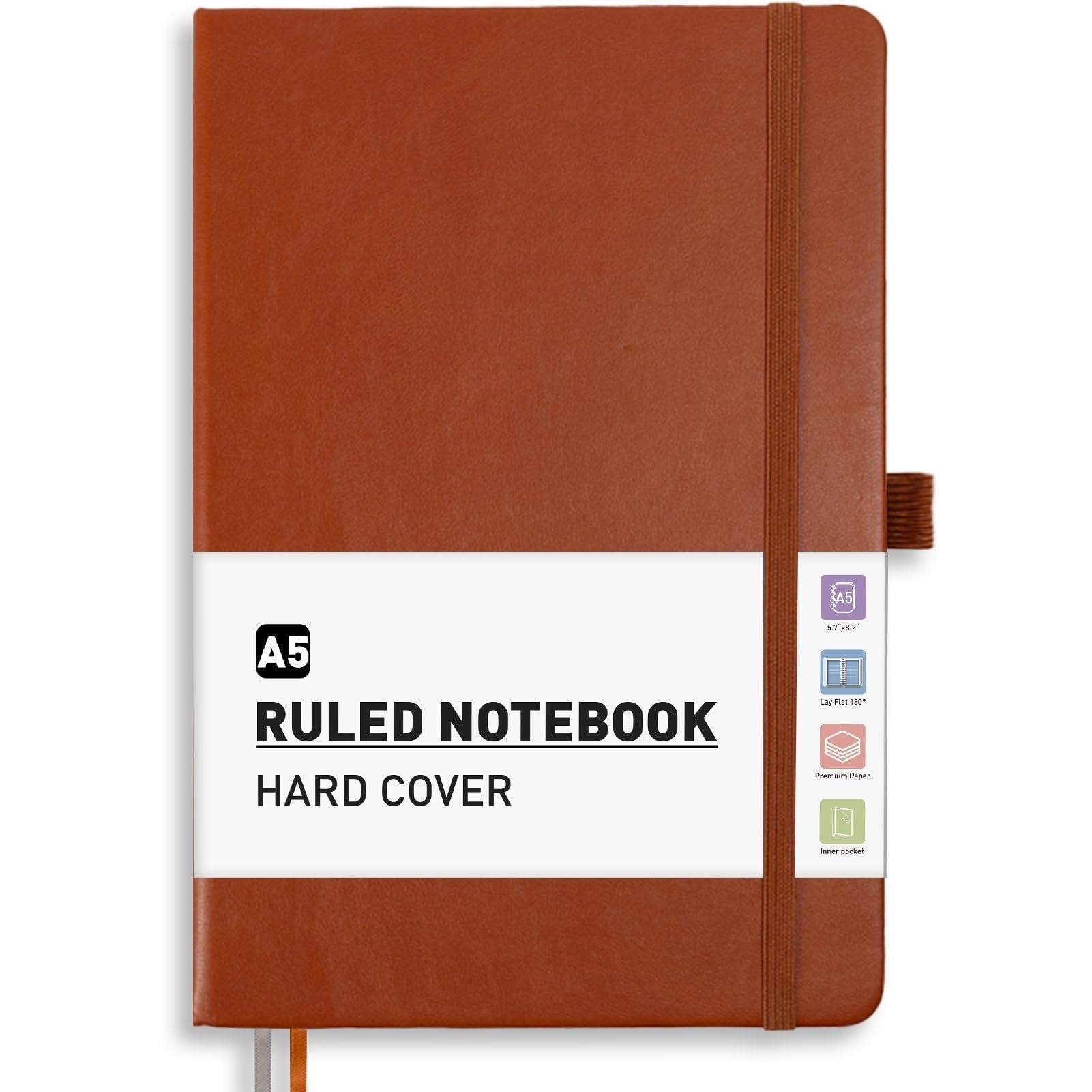 PYNEX A5 Lined Diary Notebook, Leather Journal for Women and Men, Hardcover, 200 Pages with 8 Planning Sheets, Ideal for Writing, Work and Study, 14.5 x 21cm - Brown