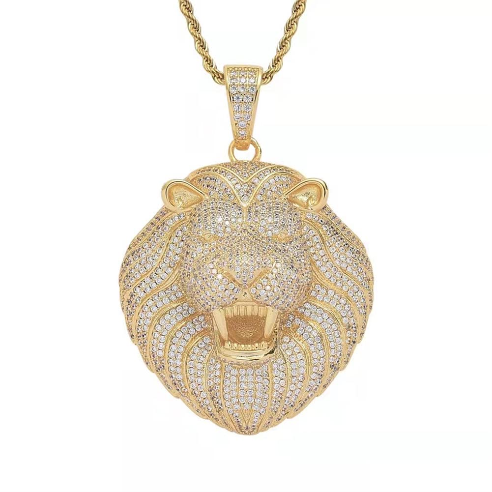 Iced Out Chain for Men,18K Gold-plated Cubic Zirconia Necklace for Men,Hip Hop Animal Lion Head Zircon Pendant
