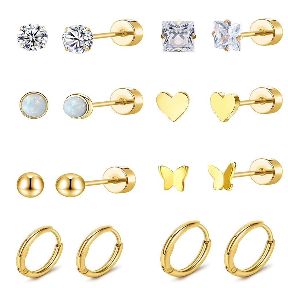 Lucktao 8 Pares Piercing Tragus oro，Pendientes Cartílago para Mujer,Acero Quirúrgico Pendientes Set,Oro Pendientes De Aro Para Las Mujeres,Acero Quirurgico Pendientes Hipoalergenicos.