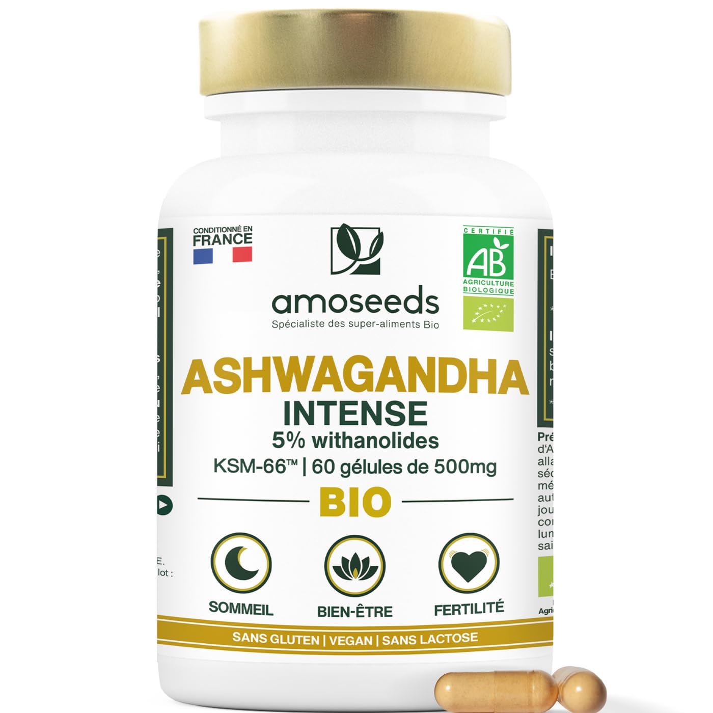 Ashwagandha BIO Breveté KSM-​66™ | Extra Fort : 5% withanolides | Stress, Sommeil, Énergie, Bien-​Être | 60 gélules vegan de 500mg | Qualité Supérieure