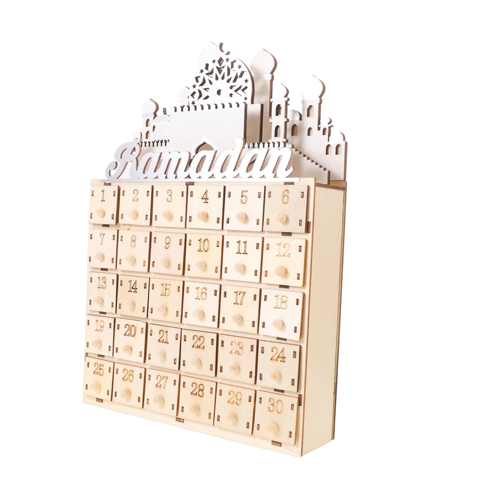 Alasum Calendario del Ramadan in Legno con 30 Mini Cassetti e Luci Led, Decorazione da Tavolo per Conto alla Rovescia Dell’eid Mubarak, Atmosfera Luminosa per Festa Musulmana e Arredo