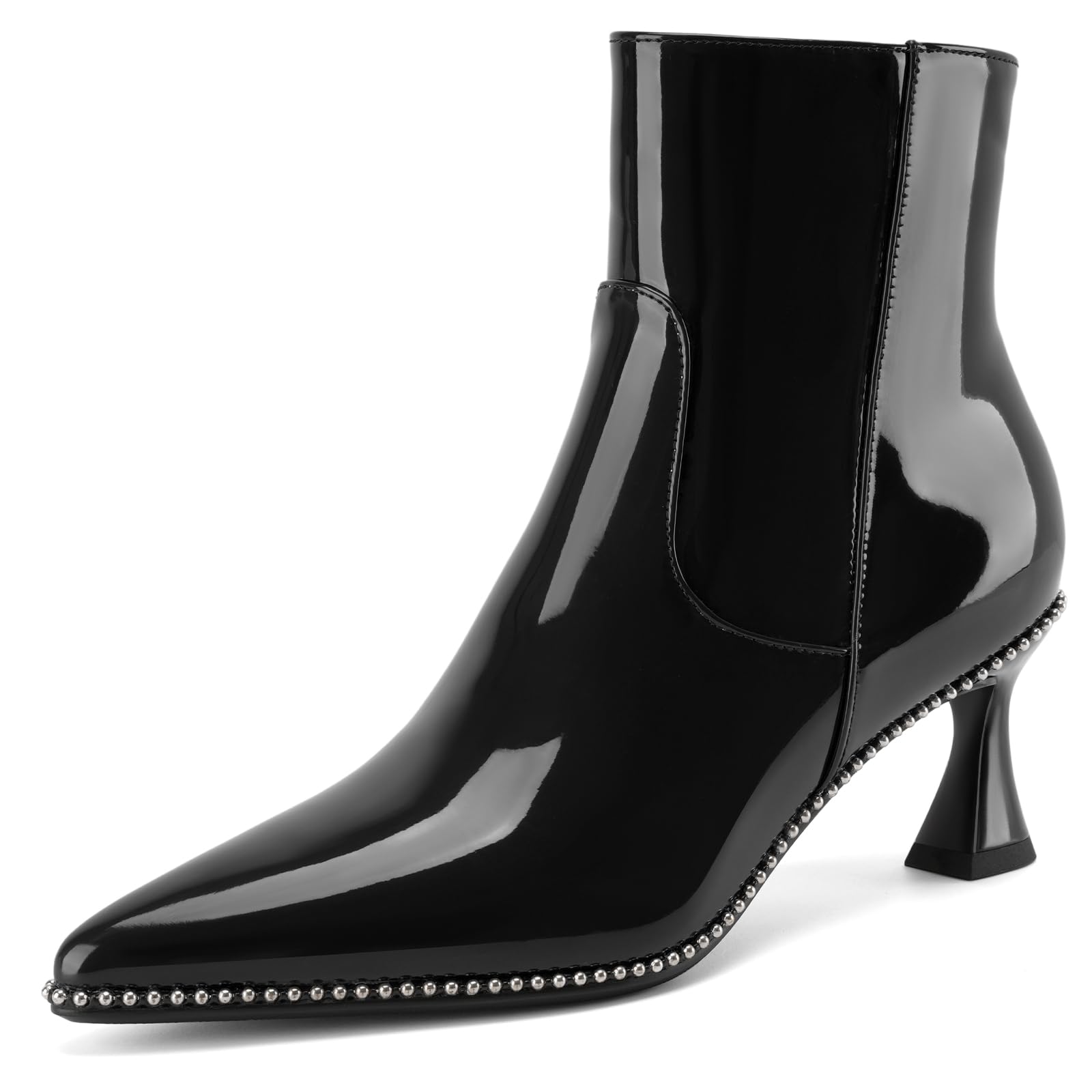 Z Oufeier Womens Pointed Toe Kitten Heel Ankle Boots Patent Leather Sexy Zipper Dressy Fall Booties Classic Dress