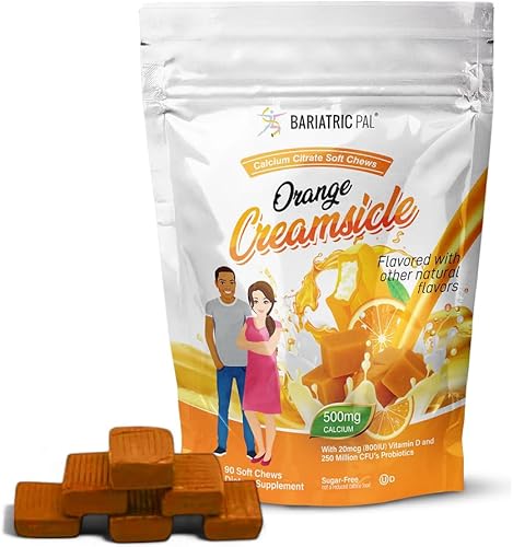 BariatricPal Masticables suaves de citrato de calcio sin azúcar  500 mg con vitamina D y probióticos  Crema de naranja  90 unidades (suministro de 1