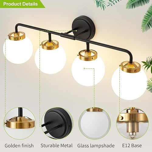 Vista 148 de Lámparas doradas para tocador de baño, modernas luces de latón de 3 luces con pantalla de bola de vidrio transparente, luces de tocador de granja