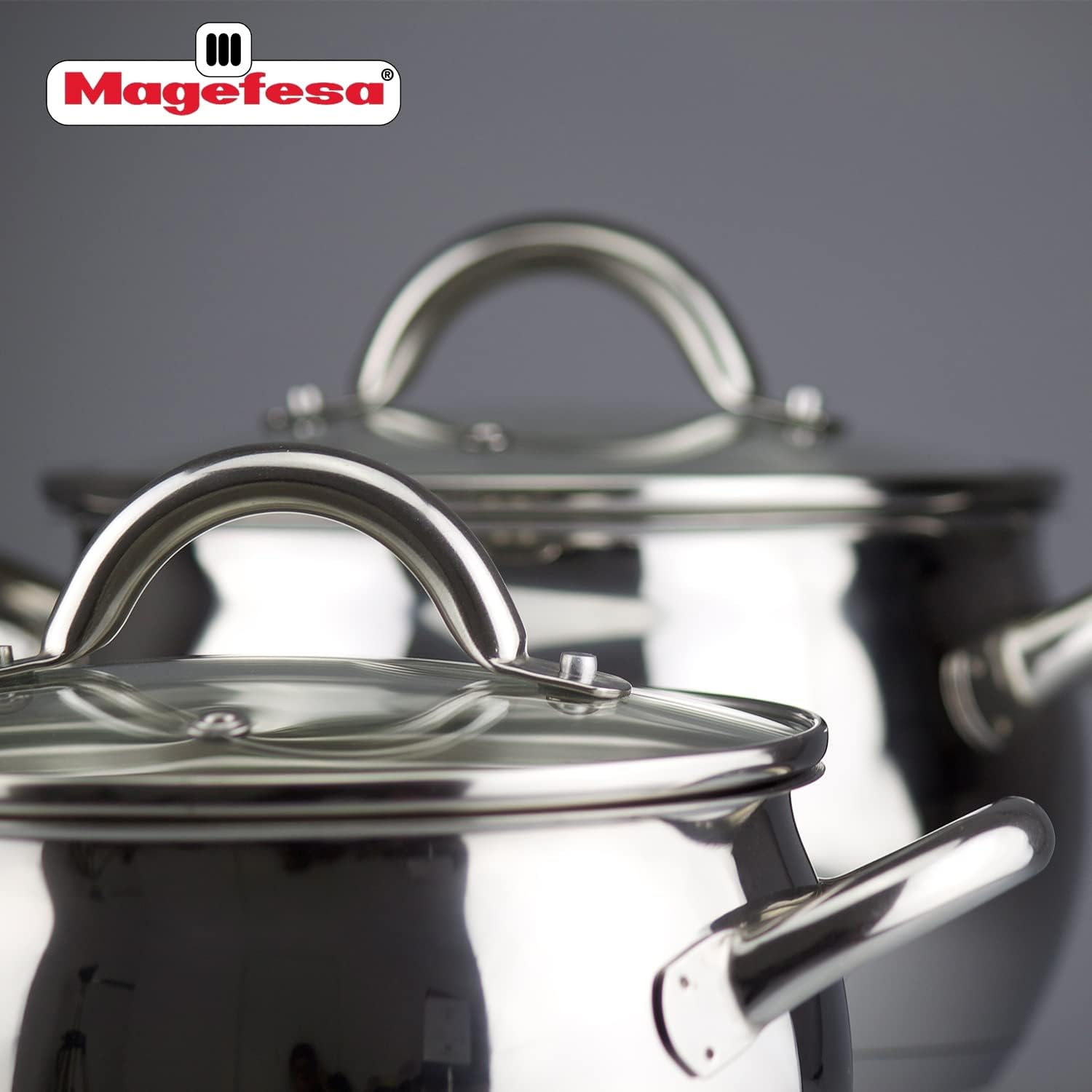 Magefesa Kuchen 9-Piece Stainless Steel Cookware Set, Includes 4 Stockpots with Glass Lids and a Deep Frypan, Ergonomic Handles, Suitable for All types of Stovetops