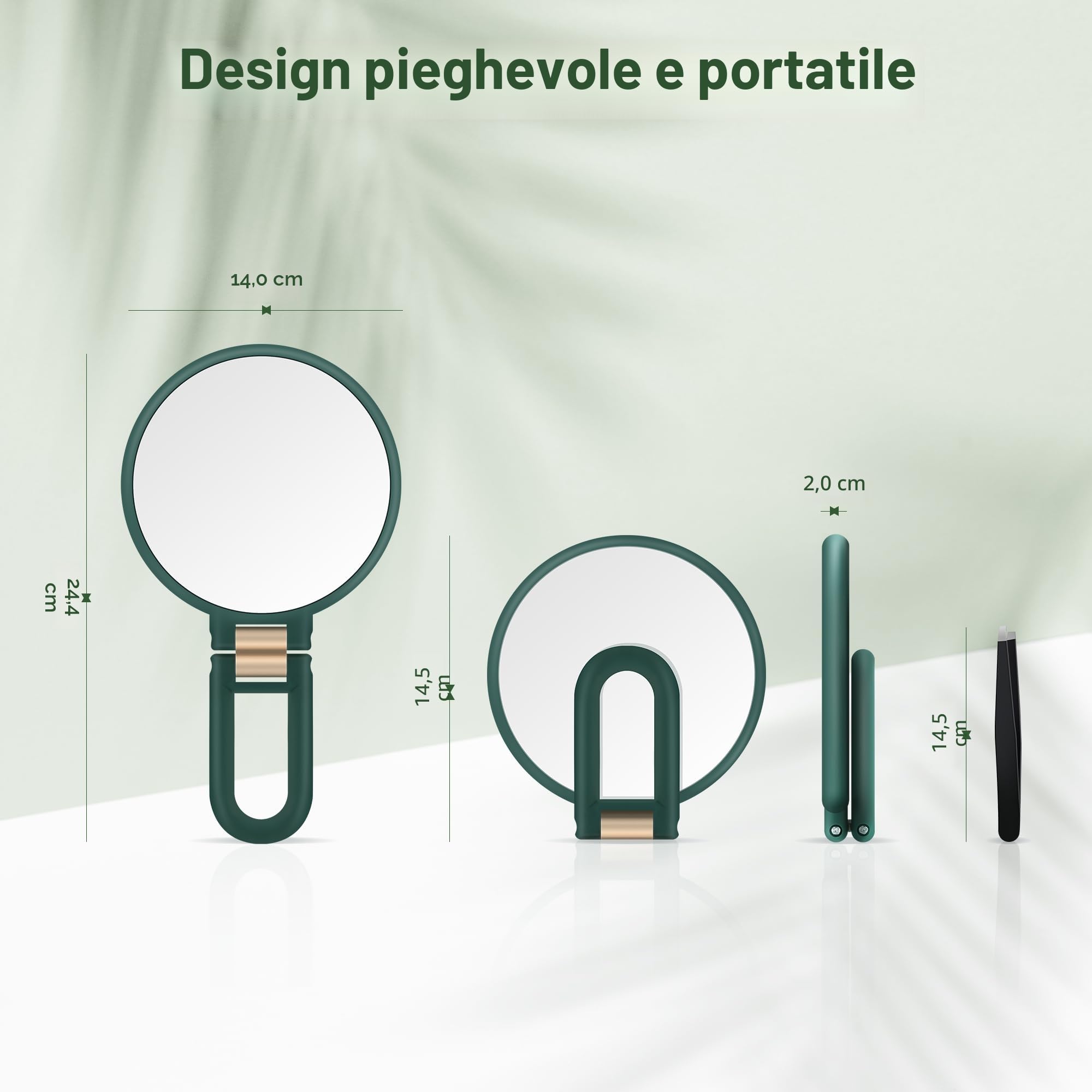 MIYADIVA Specchio ingranditore portatile, doppio lato, specchio da viaggio con ingrandimento 30X/1X, manico regolabile a 360° e pinzette di precisione, specchio portatile multiuso per il trucco, verde