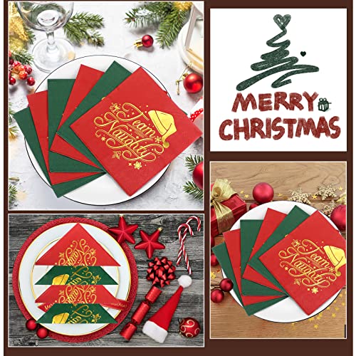 Faccito 100 Pcs Christmas Team Naughty Nice Paper Napkin Disposable Nativity Gold Foil Santa Hat Napkin Red Green Guest Cocktail Paper for Xmas New Year Holiday Party Decor (10 x 10 Inch) – Image 5