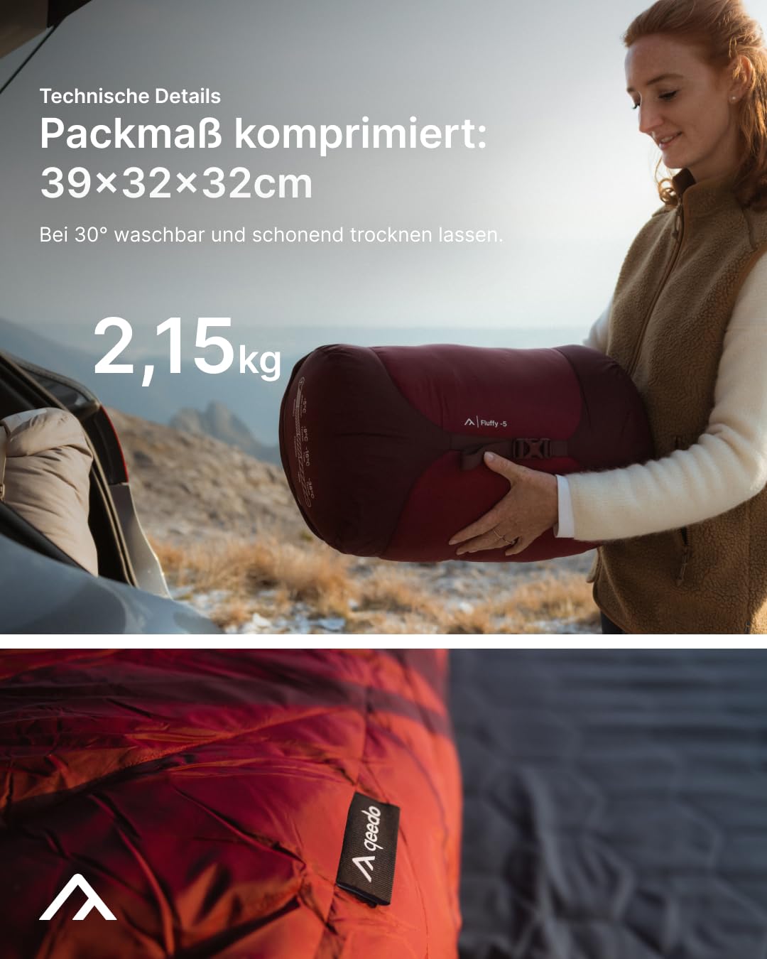qeedo Daunenschlafsack Winter – sehr warm & komprimierbar, Komfort -5 °C, in 2 Größen, RDS Daune, wasserabweisend, Camping & Trekking