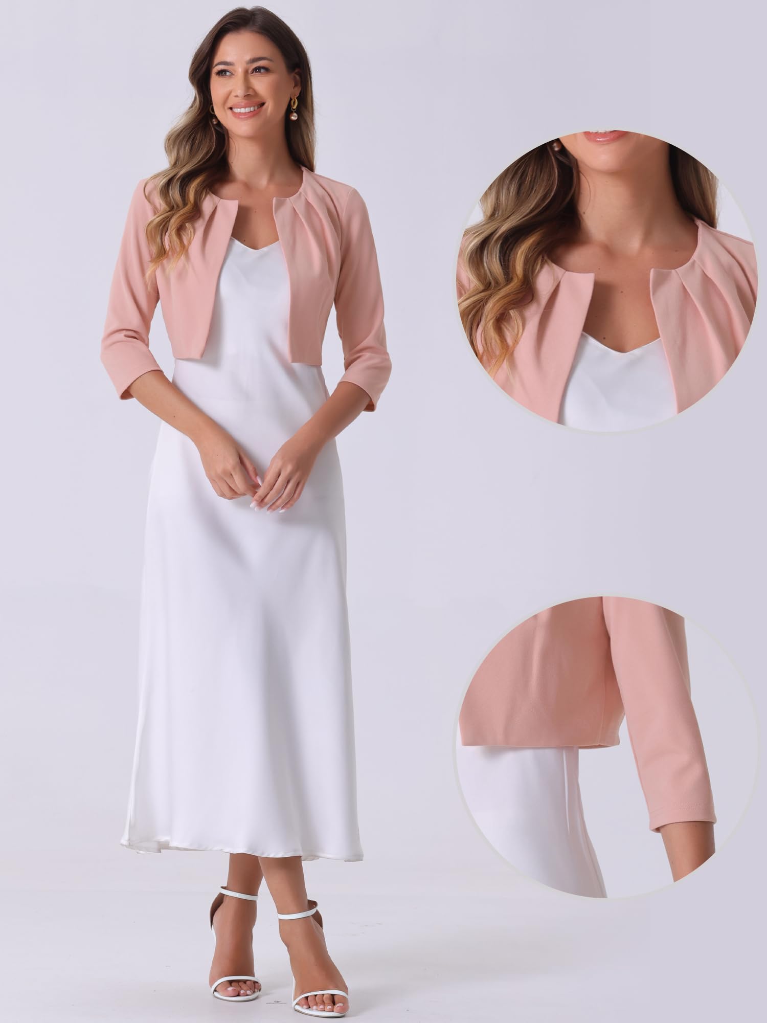 Allegra K Boléro en Mousseline Femme Blazer Court de Bureau à Haussement d'Épaules et à Manches 3/4 Cardigan Léger Plissé sans Col