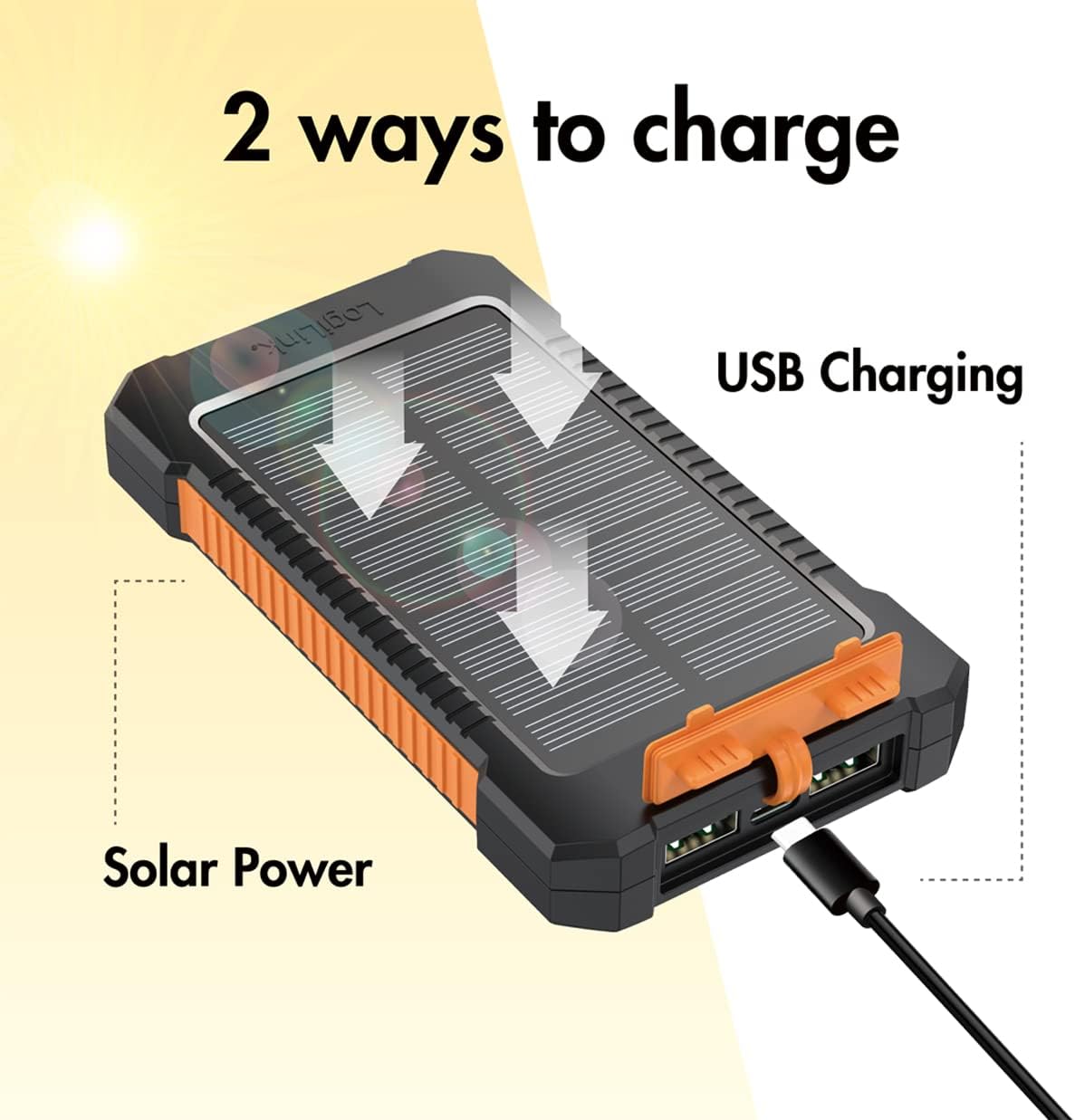 Logilink Solar Power Bank showing solar and USB charging methods
